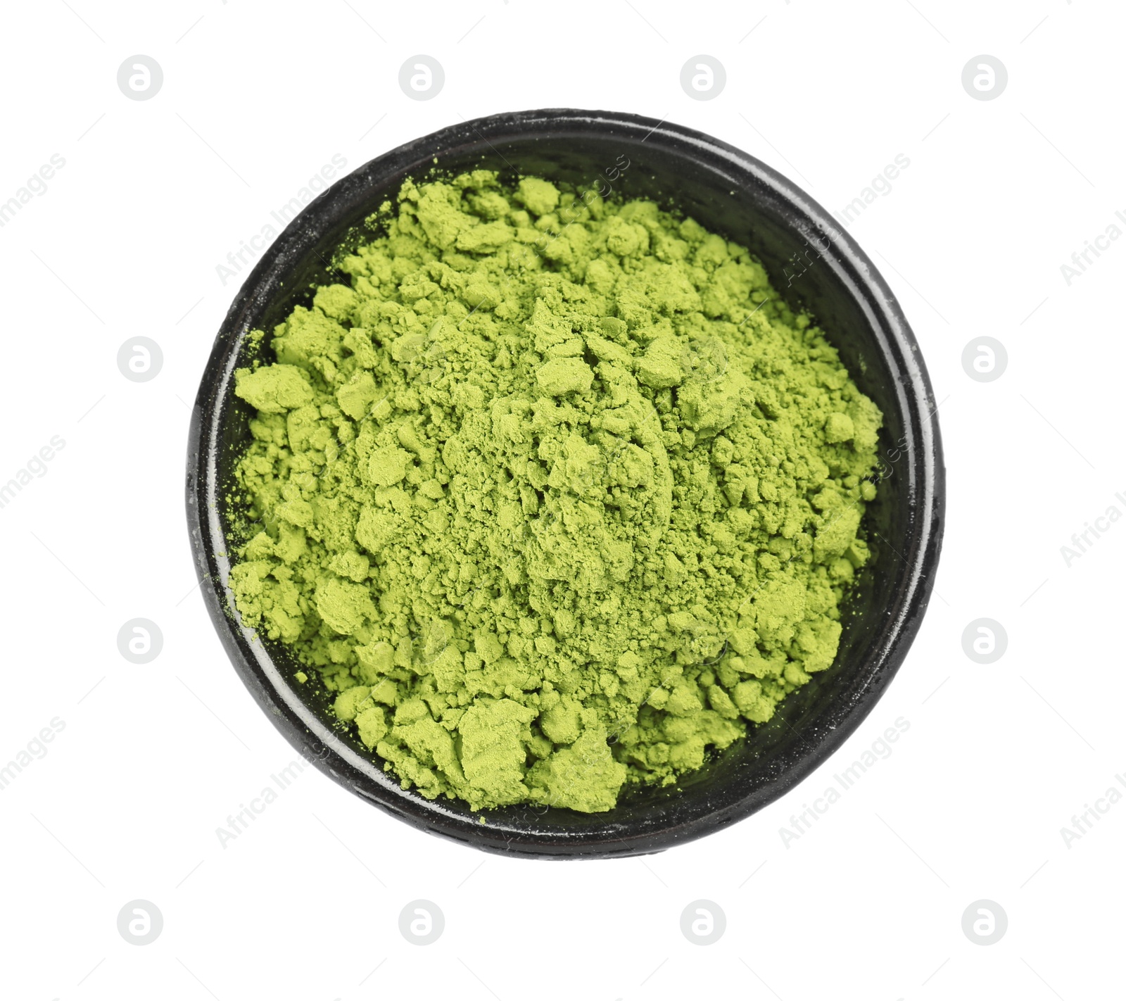 Photo of Bowl with powdered matcha tea on white background