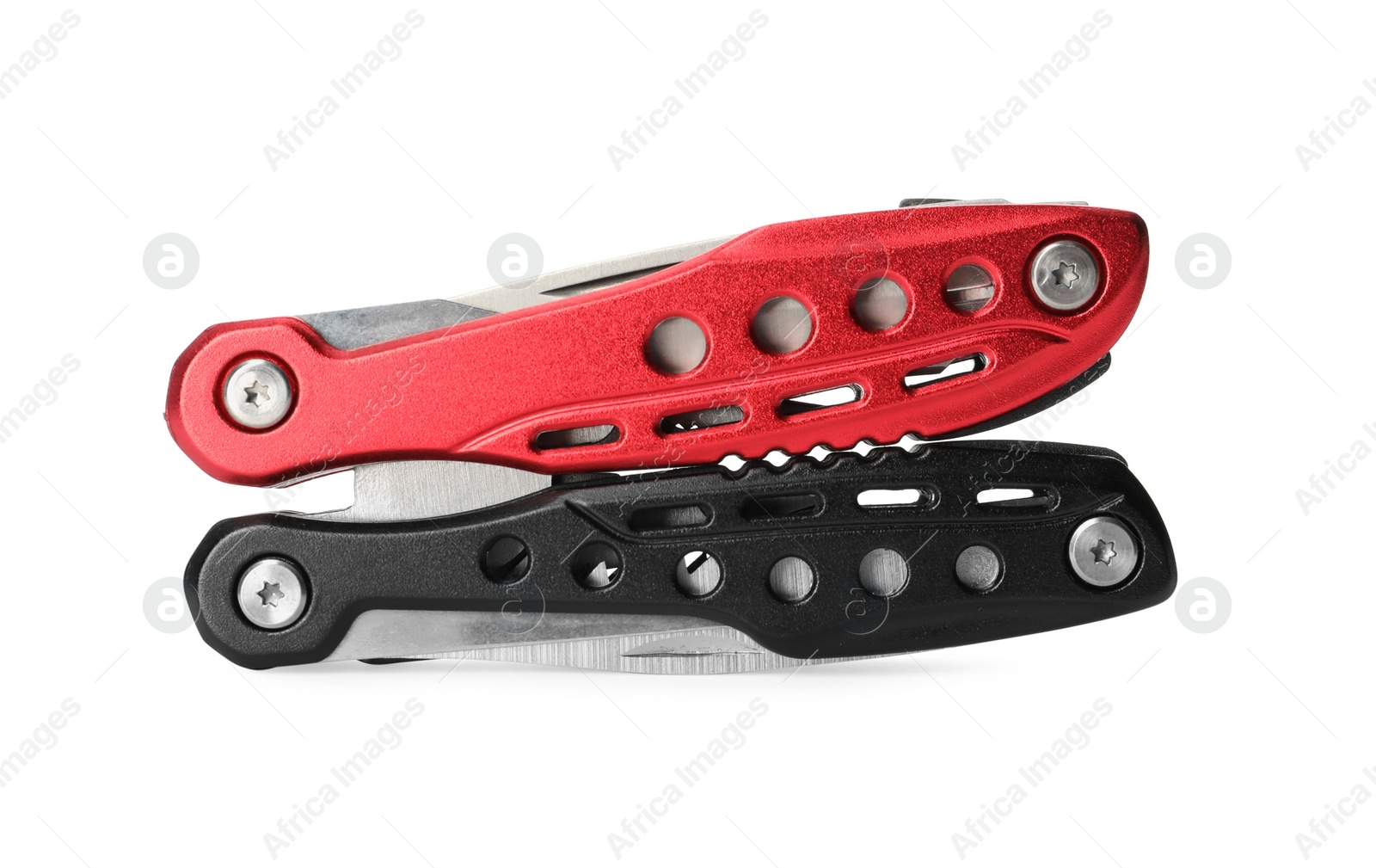 Photo of Compact portable colorful multitool isolated on white