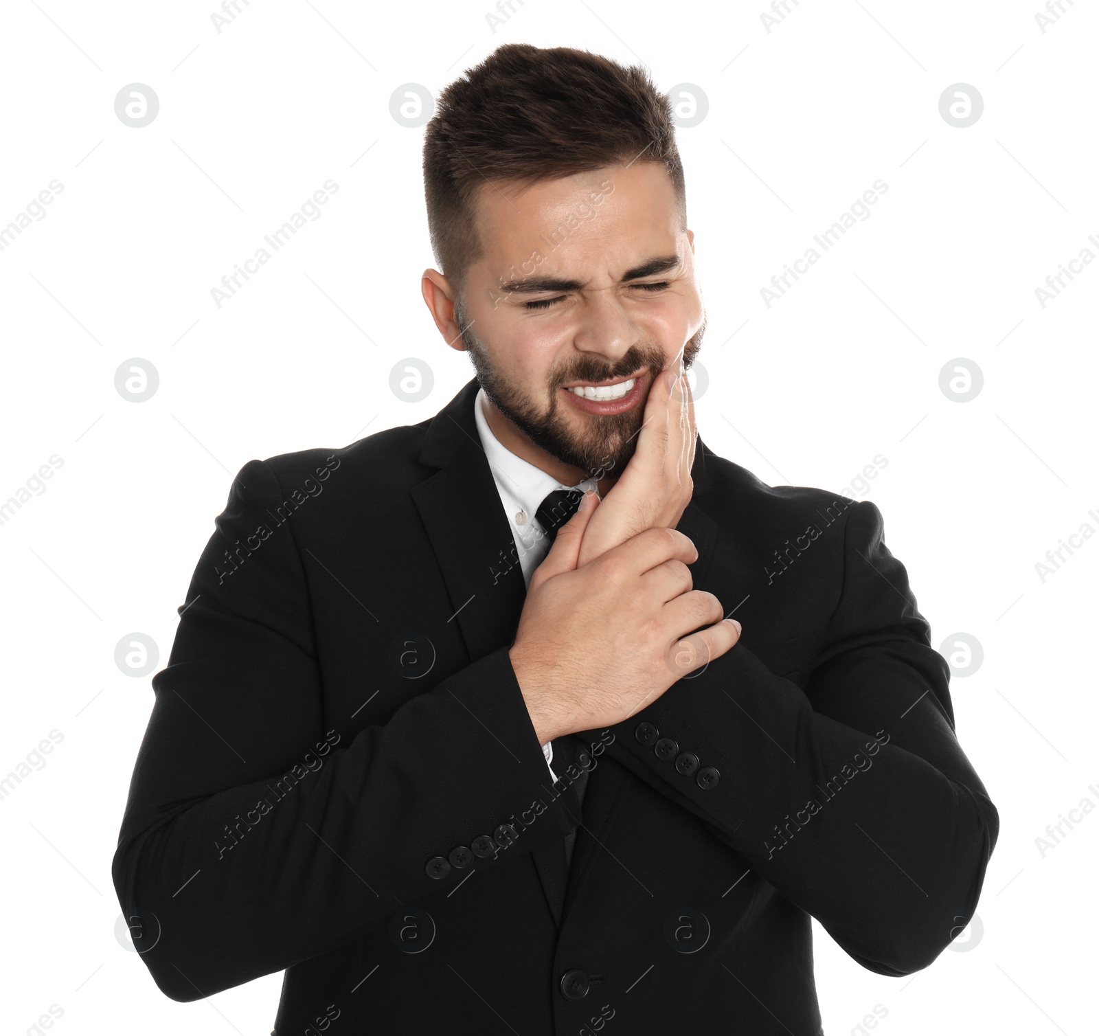 Photo of Businessman suffering from acute toothache on white background