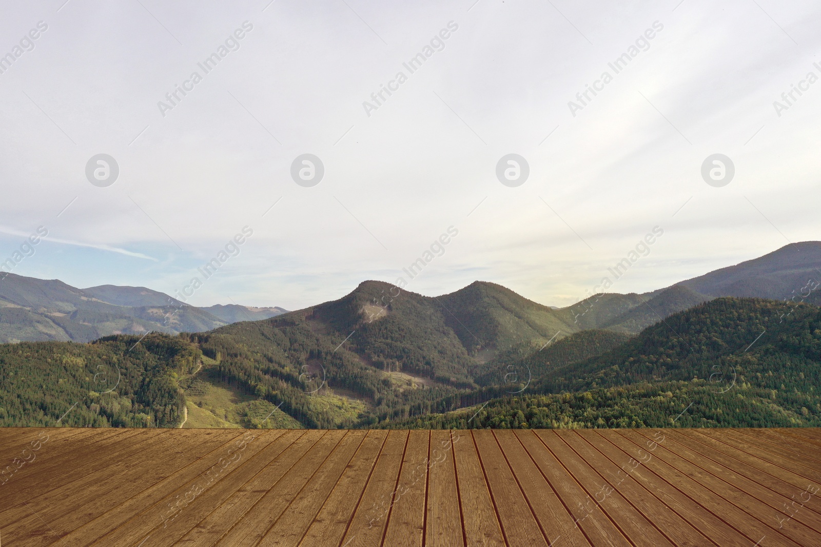 Image of Empty wooden surface and beautiful view of mountain landscape with forest