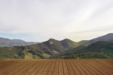 Image of Empty wooden surface and beautiful view of mountain landscape with forest