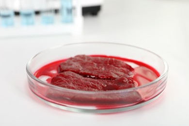 Photo of Petri dish with pieces of raw cultured meat on white table in laboratory, closeup