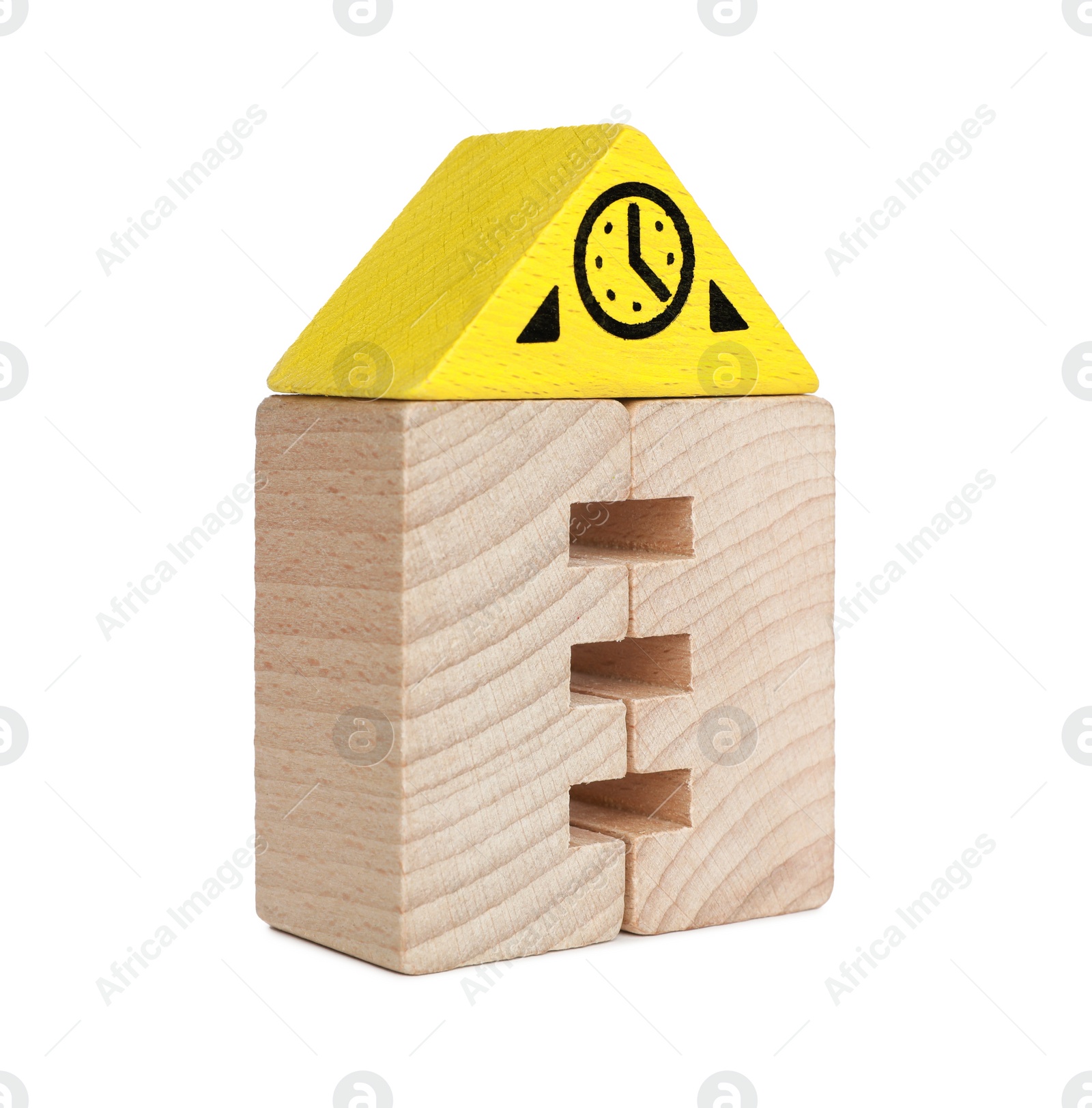 Photo of Wooden clock tower made of building blocks isolated on white. Educational toy for motor skills development