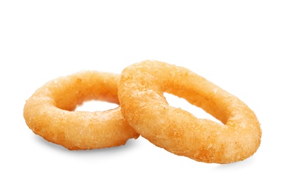 Photo of Freshly cooked onion rings on white background