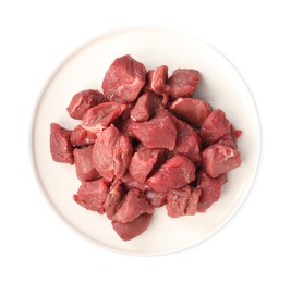 Photo of Plate with pieces of raw beef meat isolated on white, top view