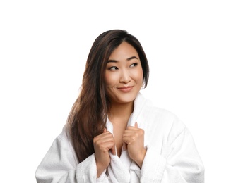 Photo of Portrait of beautiful Asian woman in bathrobe isolated on white. Spa treatment