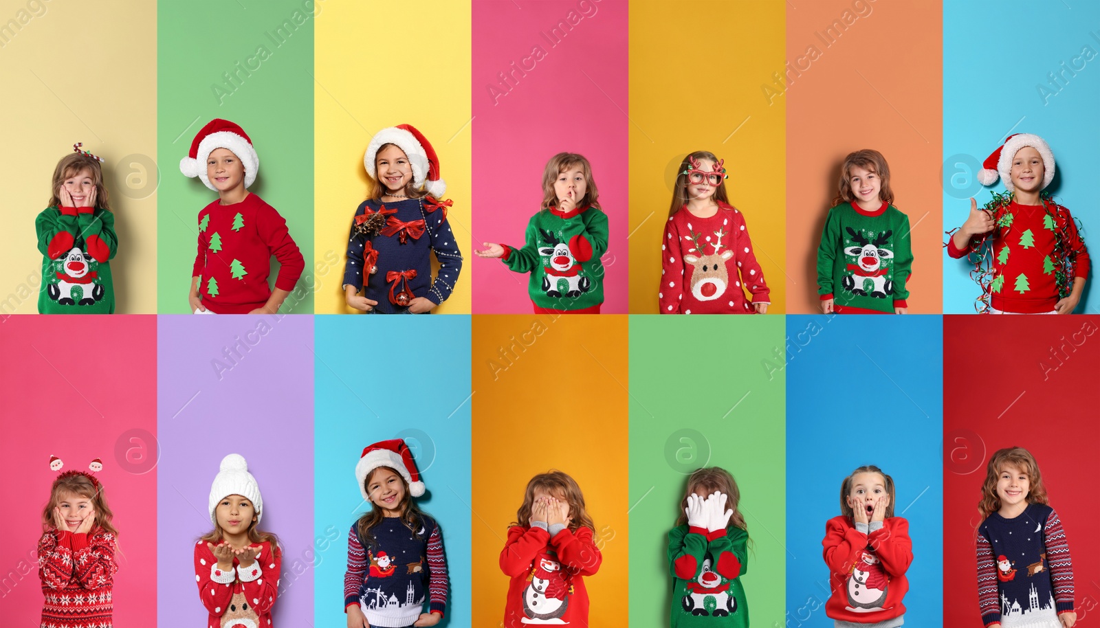 Image of Collage with photos of adorable children in different Christmas sweaters on color backgrounds