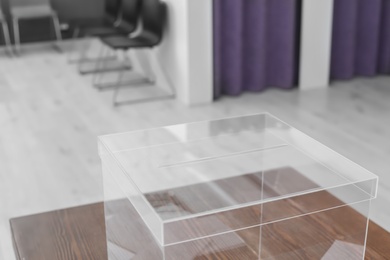 Photo of Ballot box on table at polling station