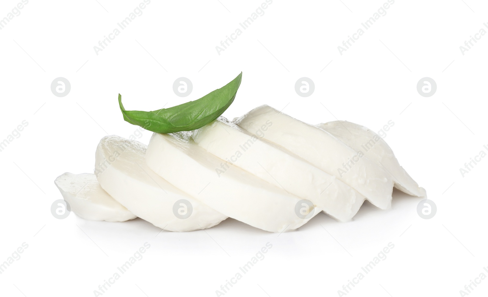 Photo of Delicious mozzarella cheese slices and basil on white background