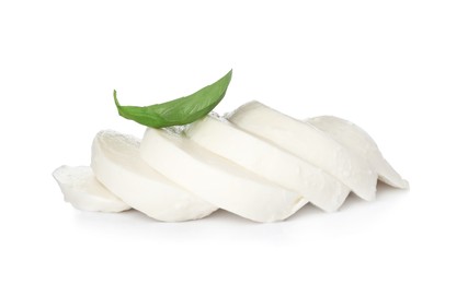 Photo of Delicious mozzarella cheese slices and basil on white background