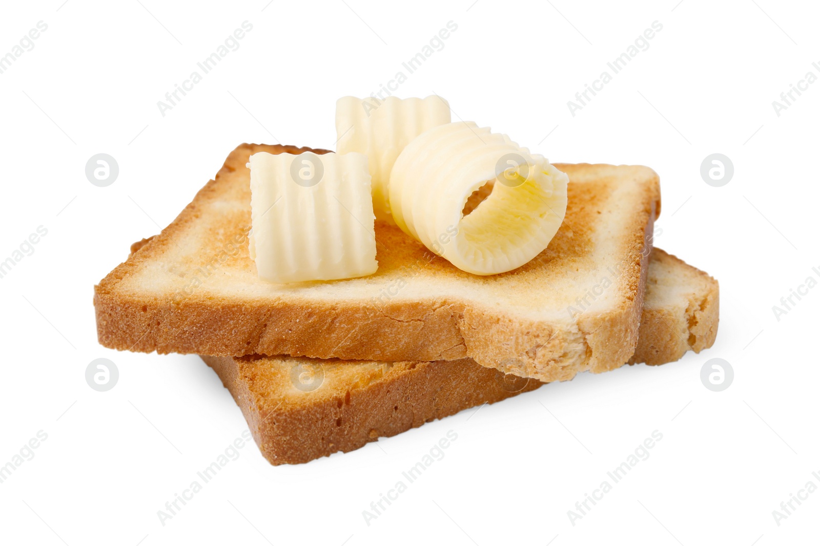 Photo of Tasty butter curls and toasts isolated on white