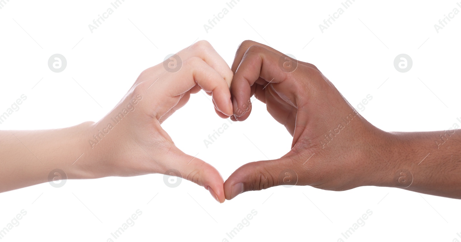 Photo of International relationships. People making heart with hands on white background, closeup