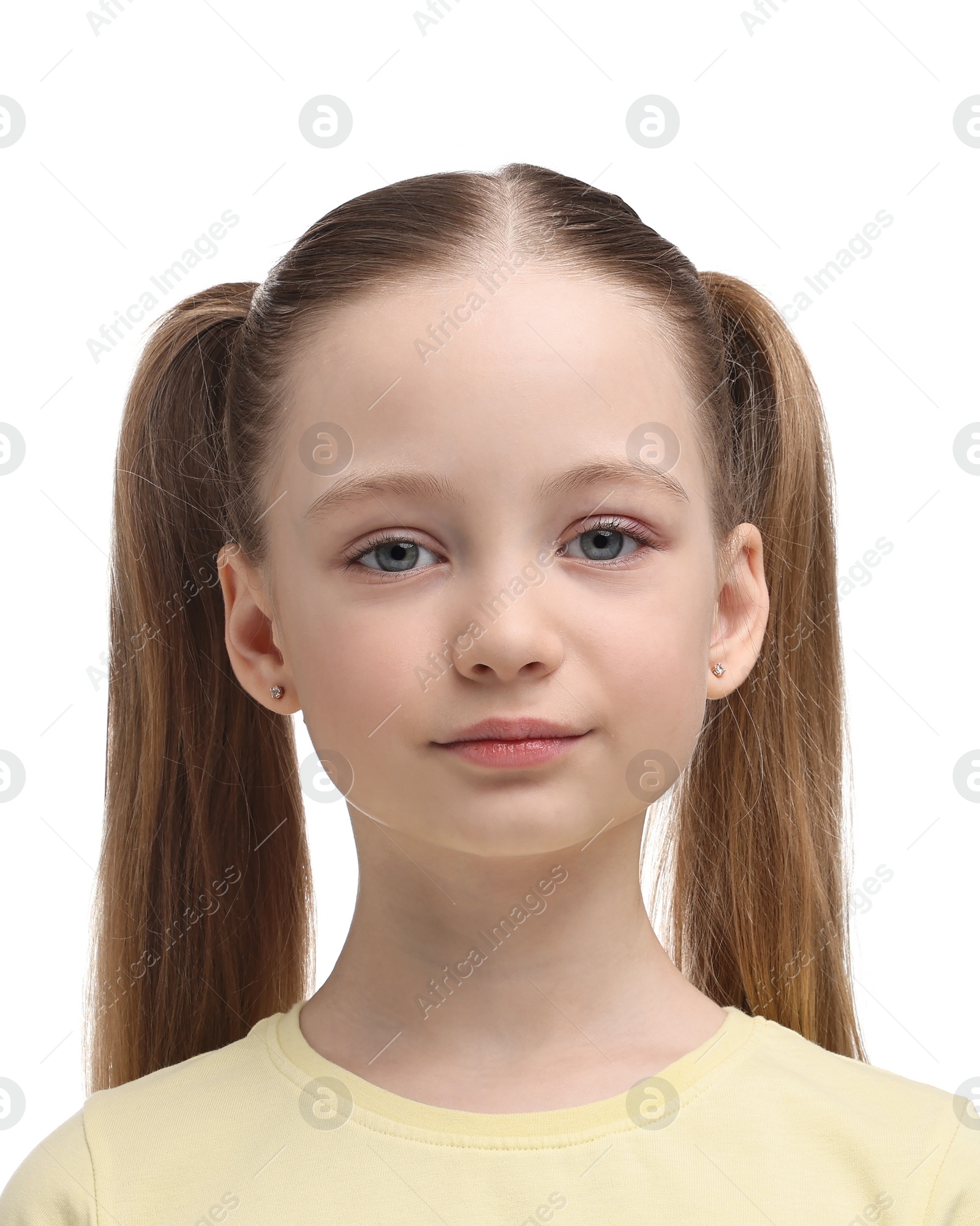 Image of Passport photo. Portrait of girl on white background