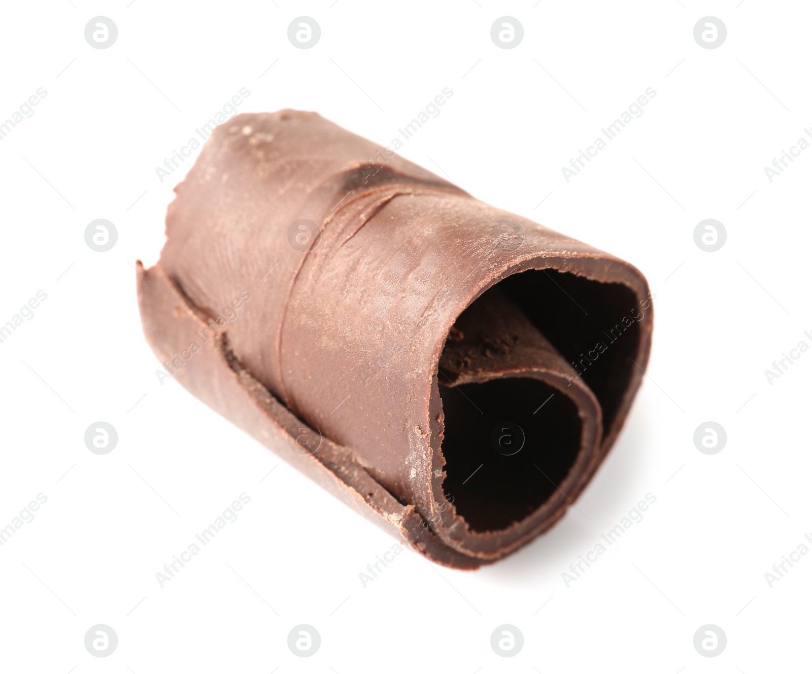 Photo of Yummy chocolate curl for decor on white background