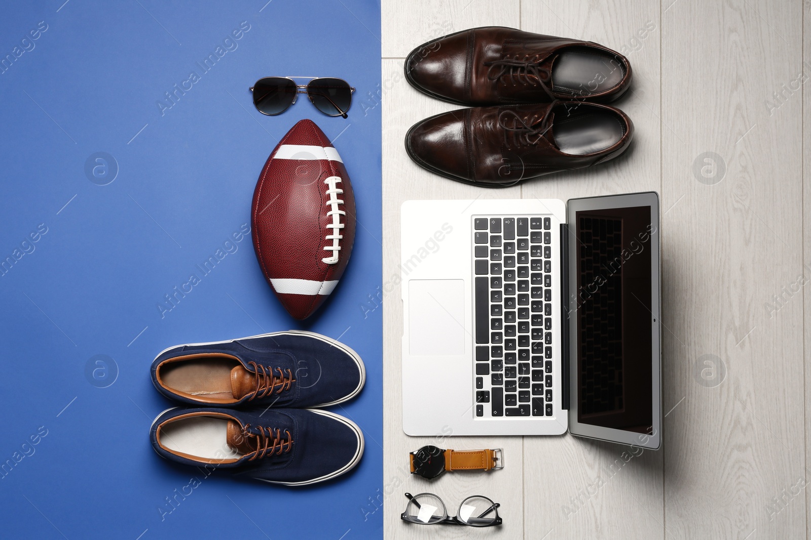 Photo of Flat lay composition with business items and sport accessories on color background. Concept of balance between work and life