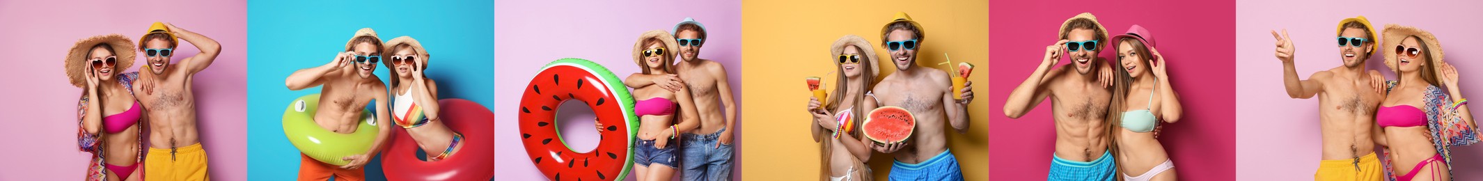 Image of Collage with beautiful photos themed to summer party and vacation. Happy young couples wearing beachwear on different color backgrounds, banner design