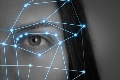 Image of Facial and iris recognition. Woman with digital biometric grid and scan, closeup
