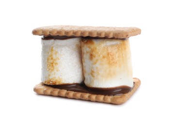 Delicious marshmallow sandwich with crackers and chocolate isolated on white