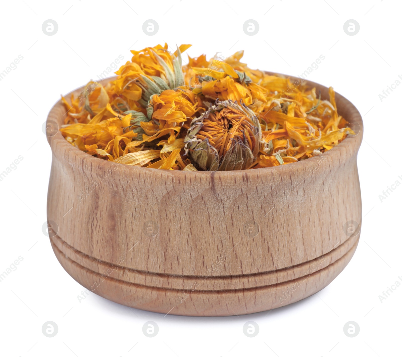 Photo of Dry calendula flowers in wooden bowl on white background