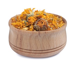 Dry calendula flowers in wooden bowl on white background