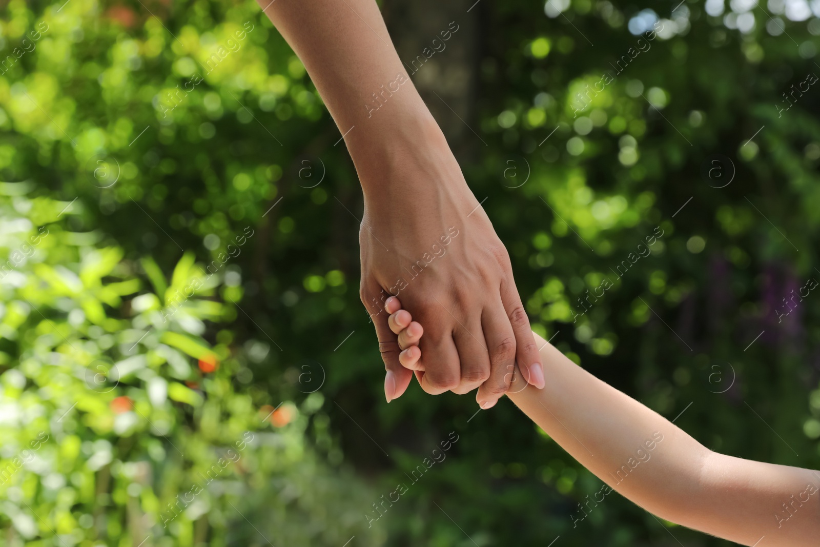 Photo of Mom and her child holding hands in park, closeup
