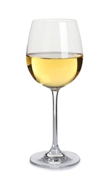 Photo of Glass of delicious expensive wine on white background