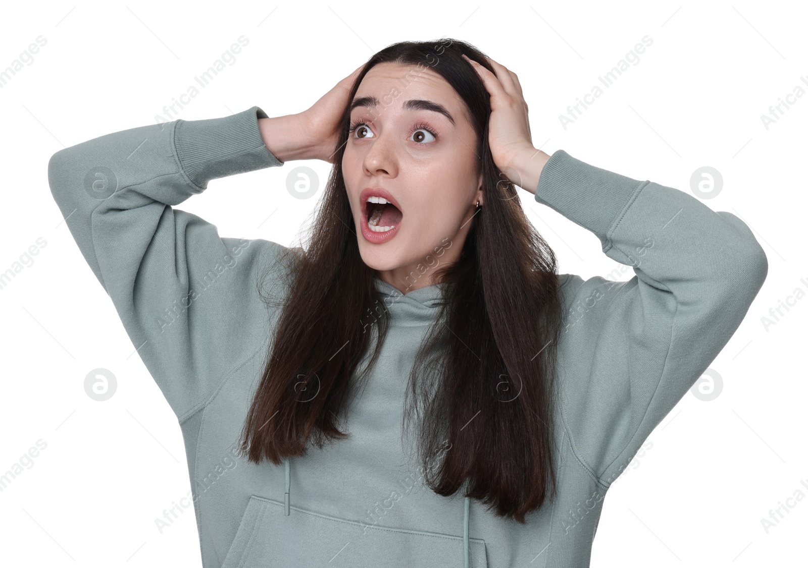 Photo of Portrait of surprised young woman on white background