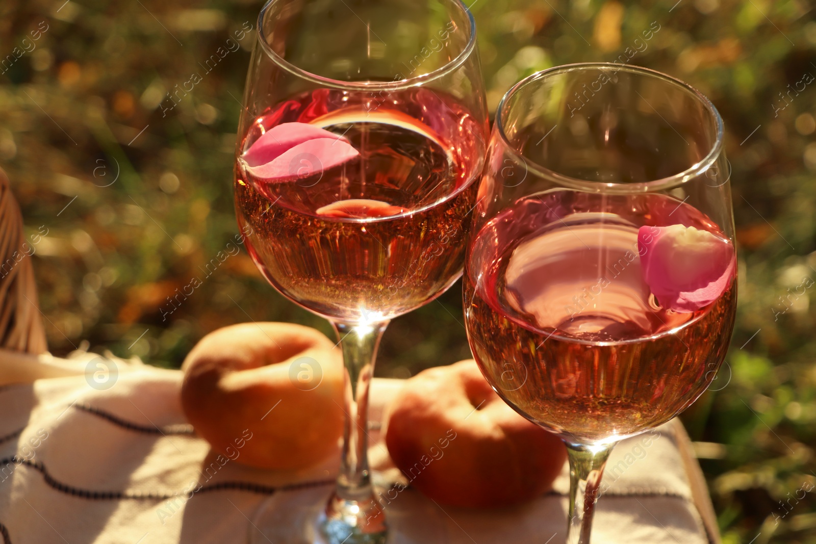 Photo of Glasses of delicious rose wine with petals and peaches on white picnic blanket outside, closeup