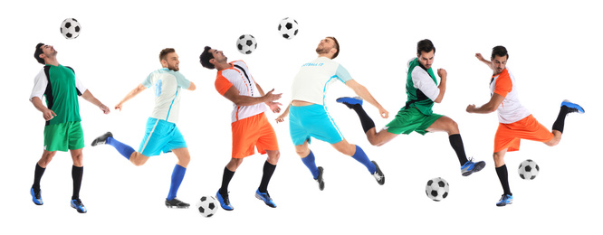 Collage with photos of young men playing football on white background. Banner design