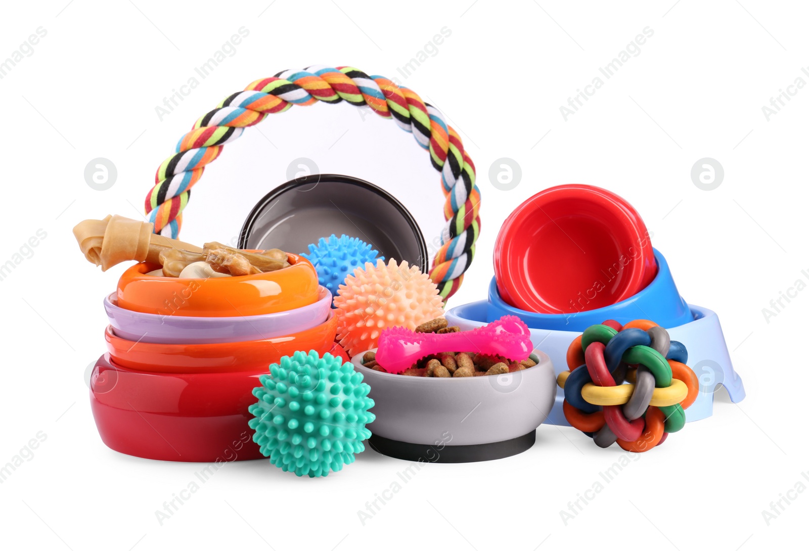 Photo of Different pet goods on white background. Shop assortment