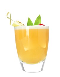 Photo of Tasty pineapple cocktail in glass isolated on white