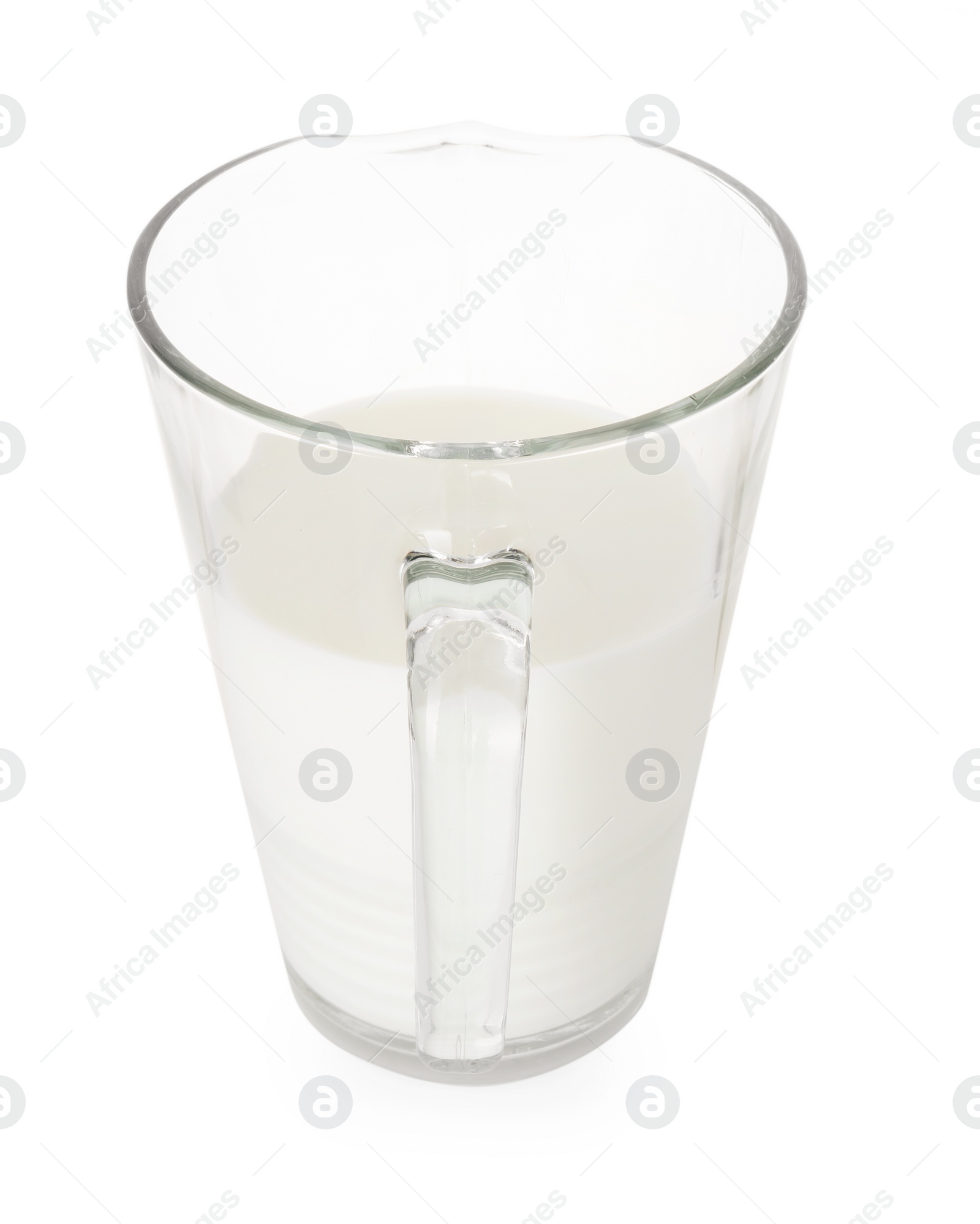 Photo of Glass jug with fresh milk isolated on white