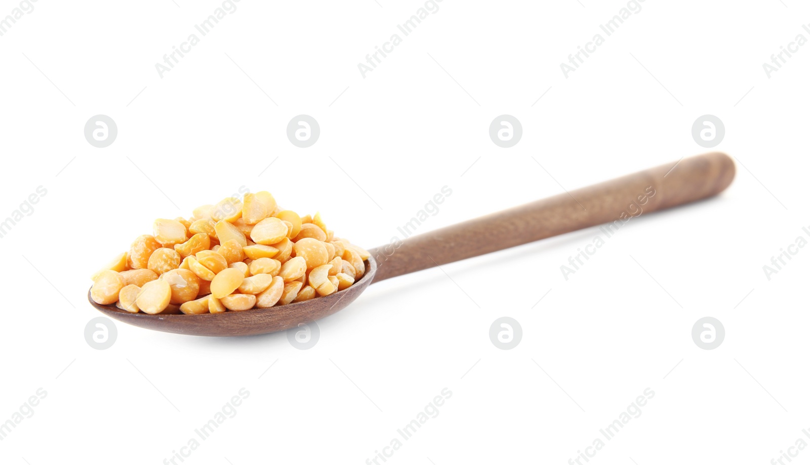 Photo of Spoon with dried peas on white background