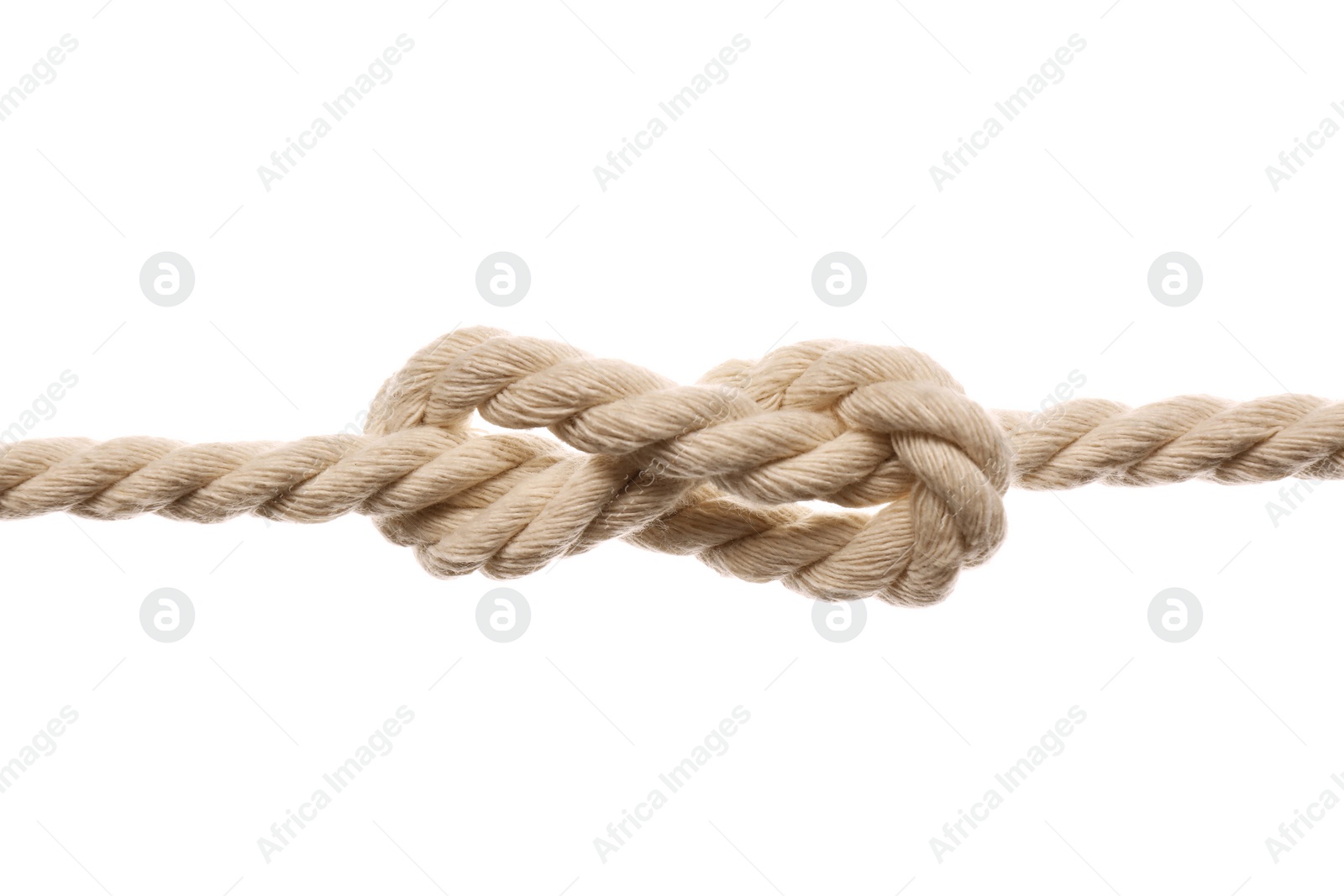 Photo of Cotton rope with knot on white background