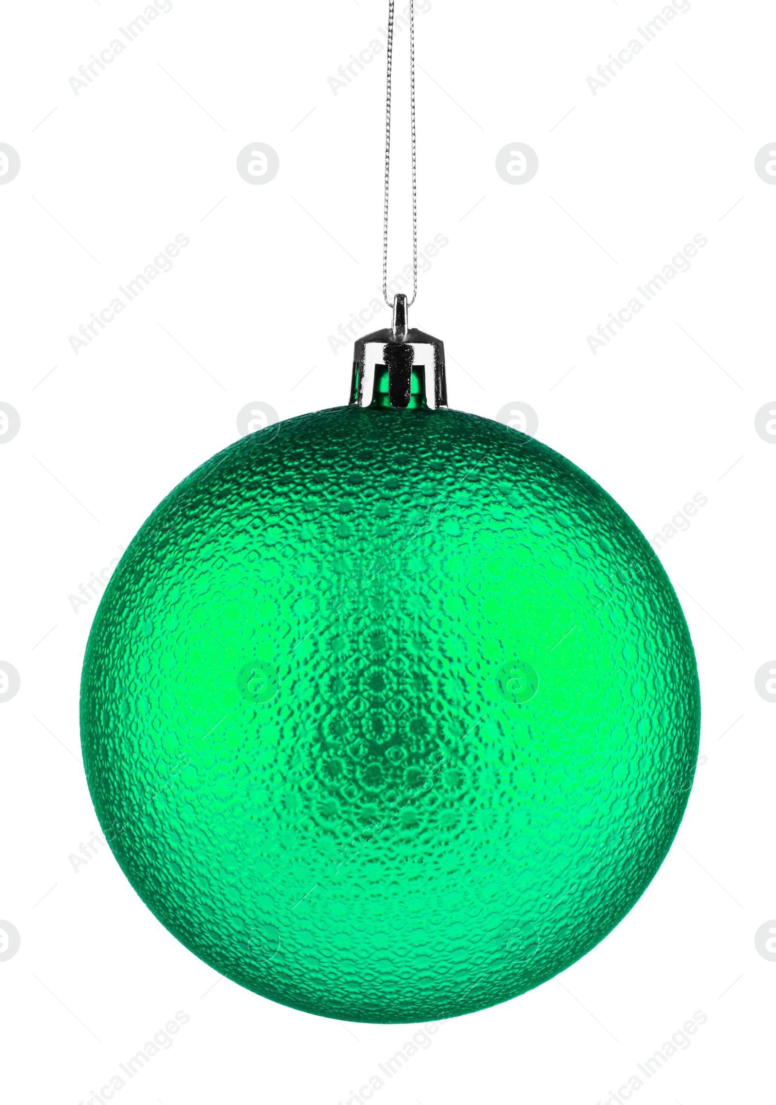 Image of Green Christmas ball hanging on white background