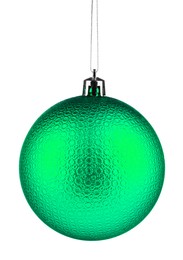 Image of Green Christmas ball hanging on white background