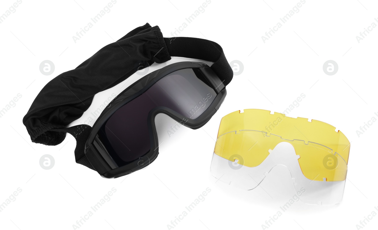 Photo of Tactical glasses and different lenses on white background, top view. Military training equipment