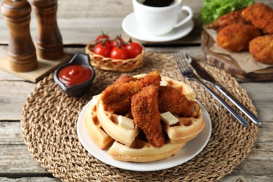 Photo of Delicious Belgium waffles served with fried chicken and butter on wooden table, closeup