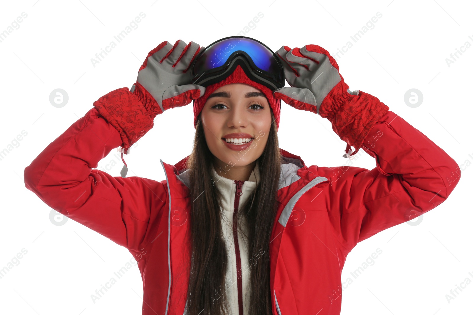 Photo of Woman wearing stylish winter sport clothes on white background