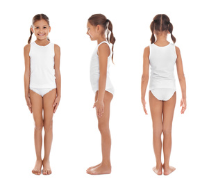 Collage of cute little girl in underwear on white background