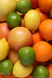 Photo of Different fresh citrus fruits as background, top view