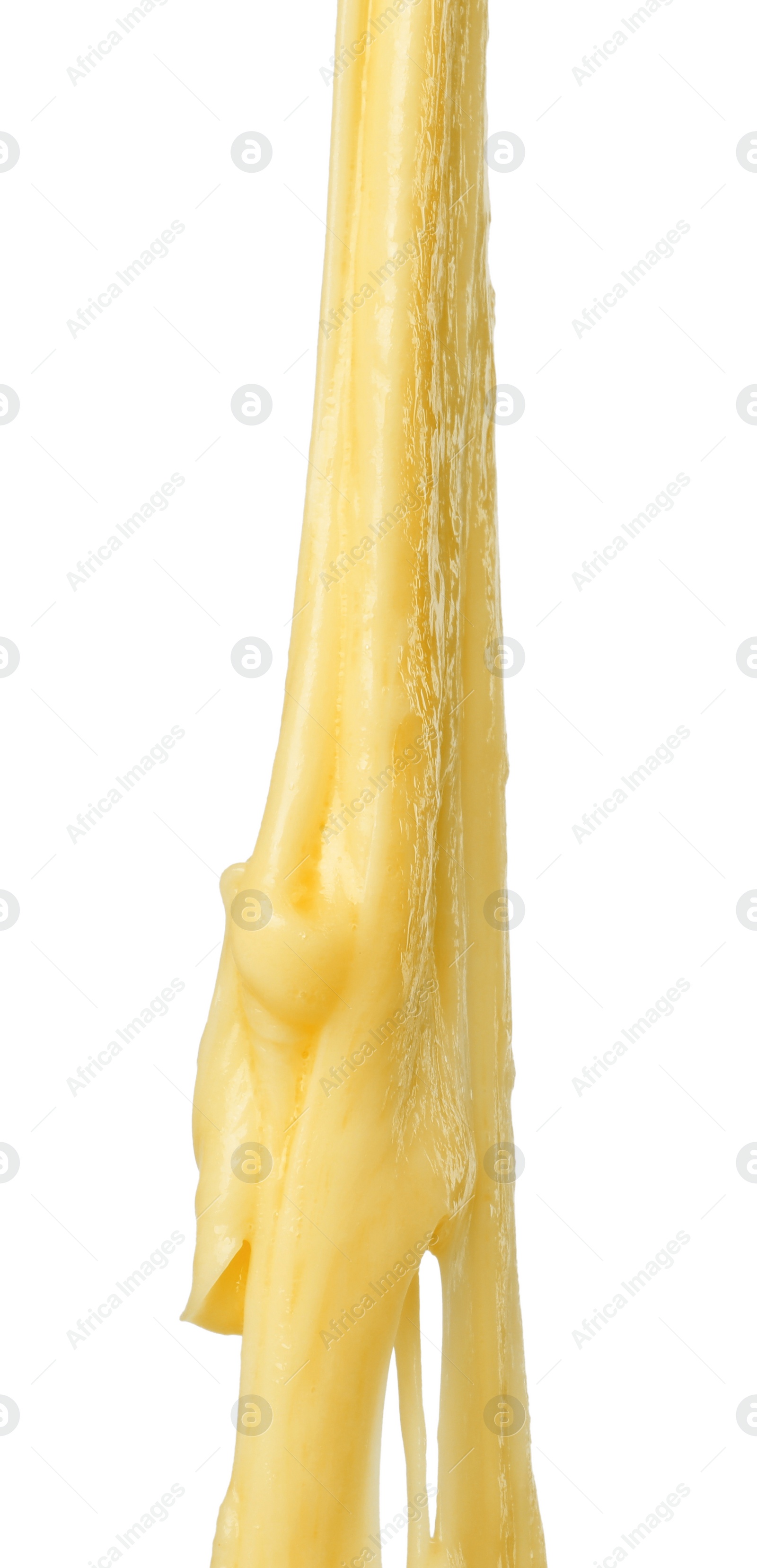 Photo of Stretching delicious melted cheese isolated on white