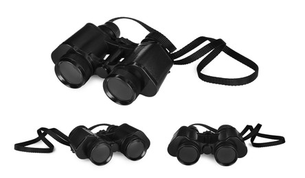 Image of Collage with black binoculars on white background, different sides