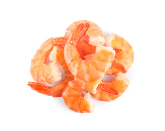 Photo of Delicious freshly cooked shrimps isolated on white, top view