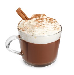 Photo of Glass cup of delicious hot chocolate with whipped cream and cinnamon stick on white background