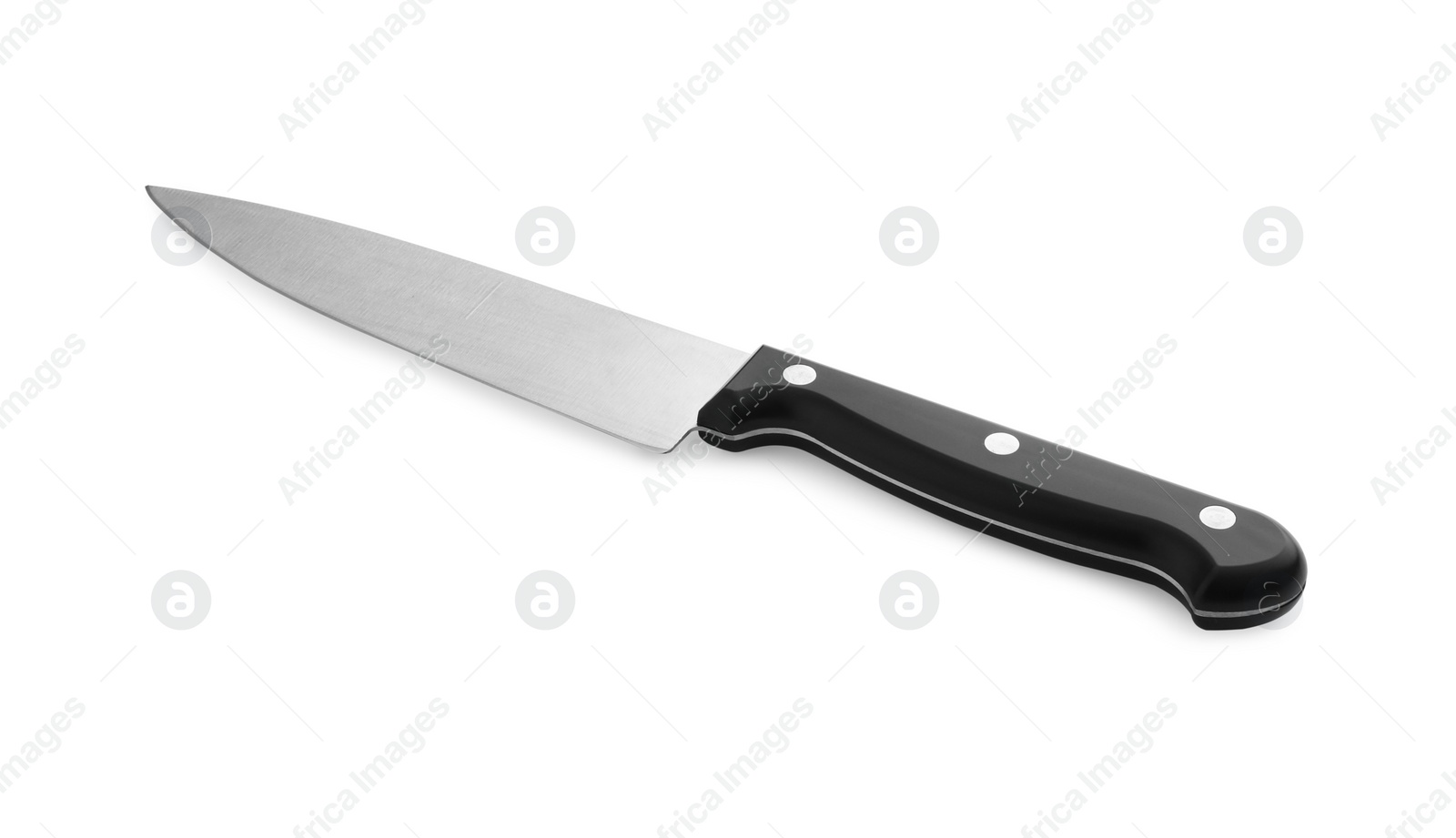 Photo of One sharp knife with black handle isolated on white