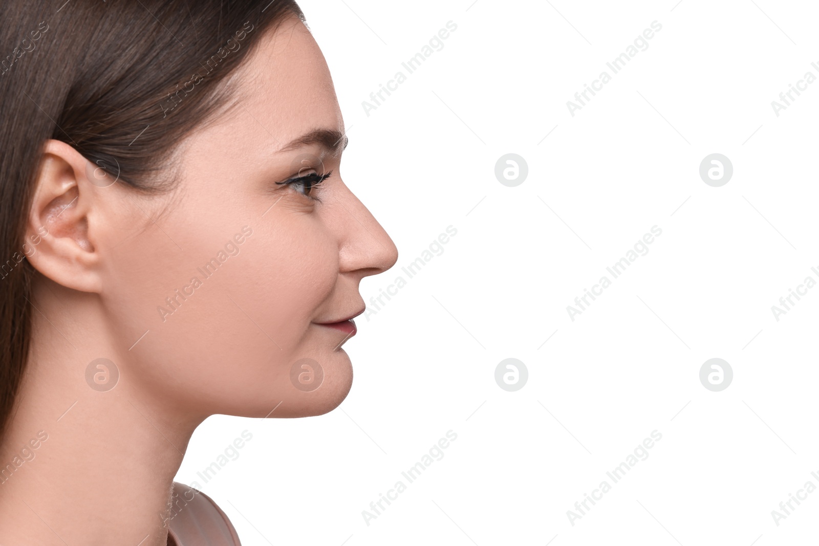 Photo of Beautiful woman with healthy skin on white background, closeup