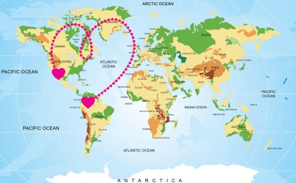 Love in long-distance relationship. Connecting line of pink hearts between countries on world map