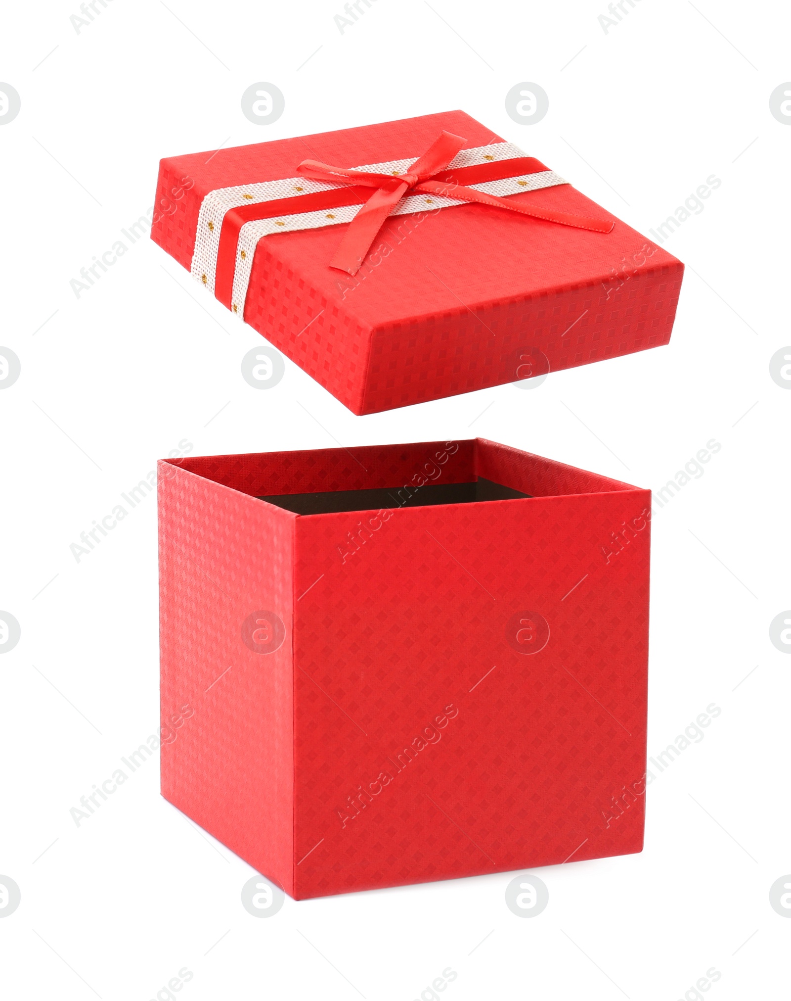 Photo of Beautiful red gift box with lid on white background