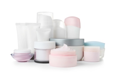 Photo of Different body care products on white background